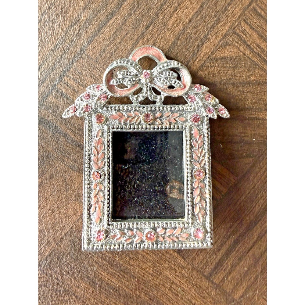 Vintage Mini Picture Frame Silver Tone Pink Enamel Rhinestone Bow Ornate Decor